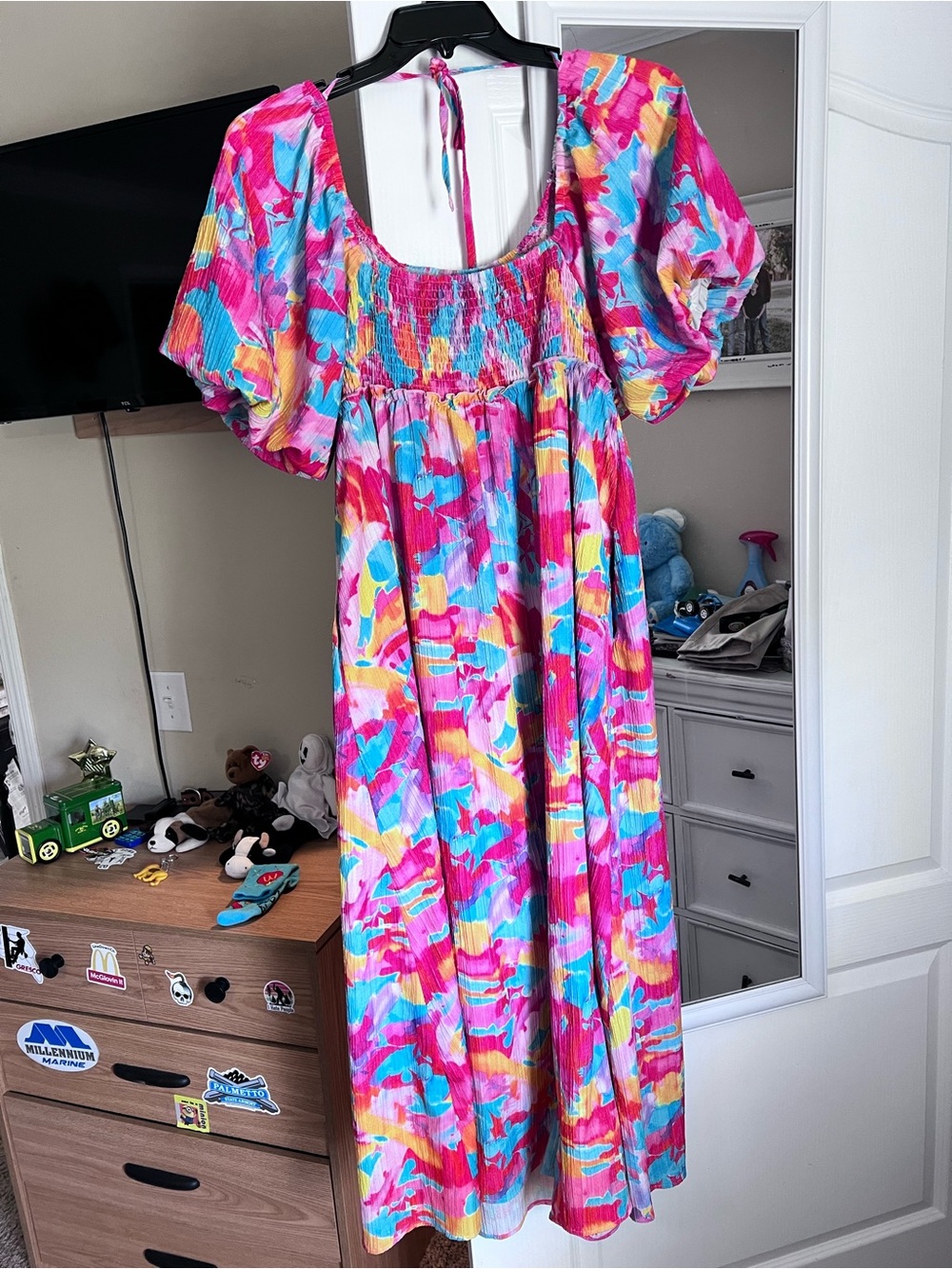 Bright Multi-Color Puff Sleeve Maxi Dress